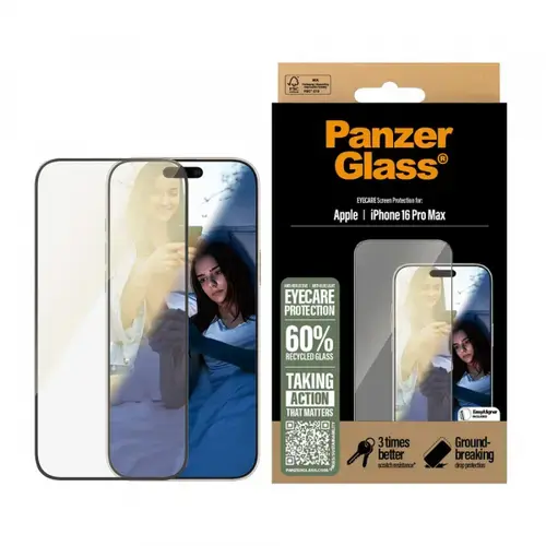 Folie de protectie Ecran PanzerGlass Ultra-Wide Fit EyeCare pentru Apple iPhone 16 Pro Max, Sticla Securizata, Full Glue