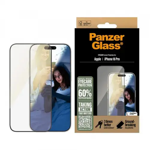 Folie de protectie Ecran PanzerGlass Ultra-Wide Fit EyeCare pentru Apple iPhone 16 Pro, Sticla Securizata, Full Glue