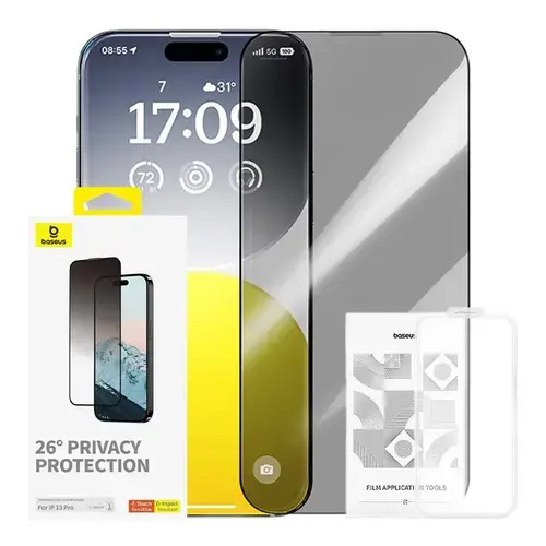 Folie de protectie Ecran Privacy Baseus Diamond pentru Apple iPhone 15 Pro, Sticla Securizata, Full Glue P60057405203-01