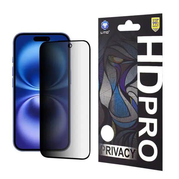 Folie de protectie Ecran Privacy Lito HD Pro pentru Apple iPhone 16, Sticla Securizata, Full Glue