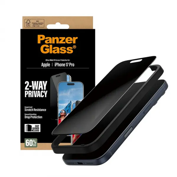 Folie de protectie Ecran Privacy PanzerGlass Ultra-Wide Fit 2-Way EasyAligner pentru Apple iPhone 17 Pro, Sticla Securizata, Full Glue