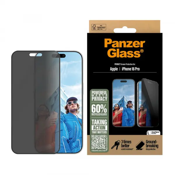 Folie de protectie Ecran Privacy PanzerGlass Ultra-Wide Fit EasyAligner pentru Apple iPhone 16 Pro, Sticla Securizata, Full Glue
