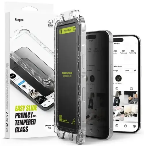 Folie de protectie Ecran Privacy Ringke Easy Slide pentru Apple iPhone 16 Pro, Sticla Securizata, Full Glue, Set 2 bucati