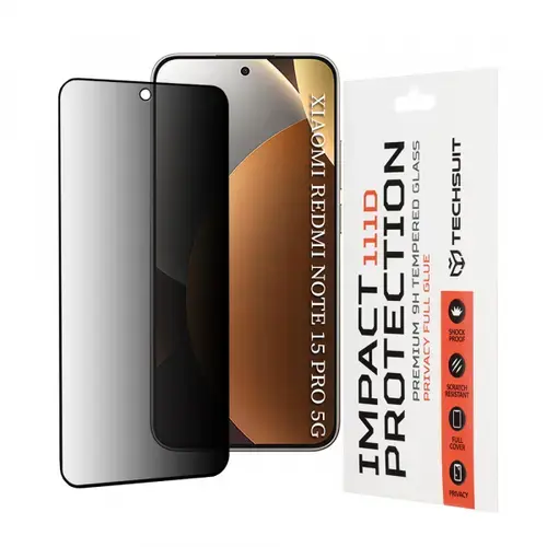 Folie de protectie Ecran Privacy Techsuit pentru Xiaomi Redmi Note 15 Pro 5G, Sticla Securizata, Full Glue, 111D