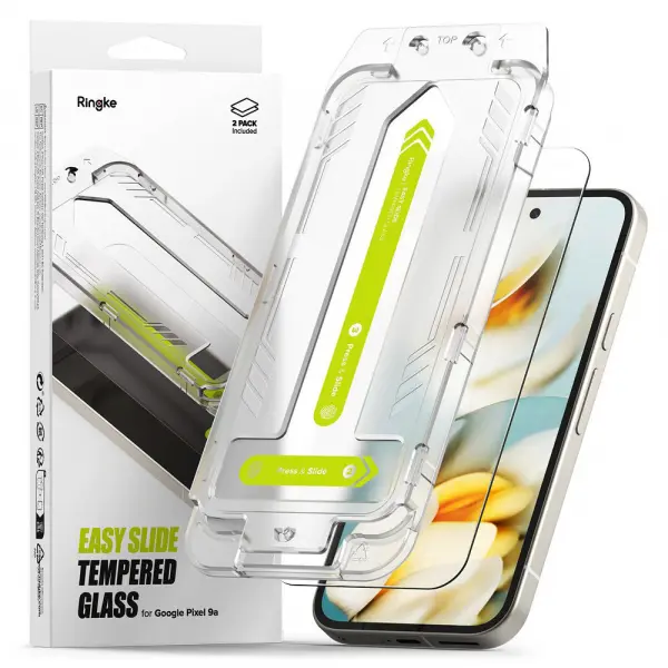Folie de protectie Ecran Ringke Easy Slide pentru Google Pixel 9a, Sticla Securizata, Full Glue, Set 2 bucati
