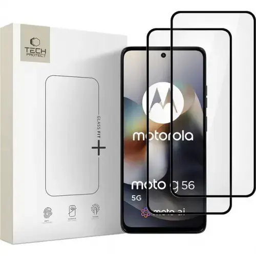 Folie de protectie Ecran Tech-Protect FIT+ pentru Motorola Moto G56, Sticla Securizata, Full Glue, Set 2 bucati, 2.5D, Neagra