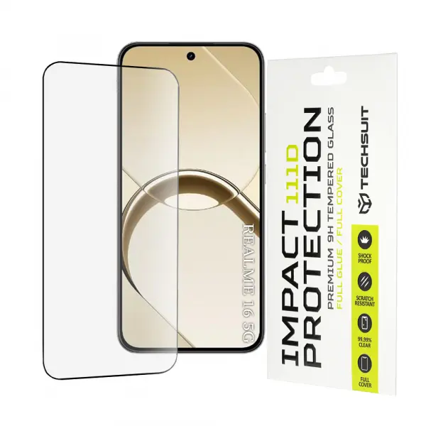 Folie de protectie Ecran Techsuit pentru Realme 16, Sticla Securizata, Full Glue, 111D, Neagra