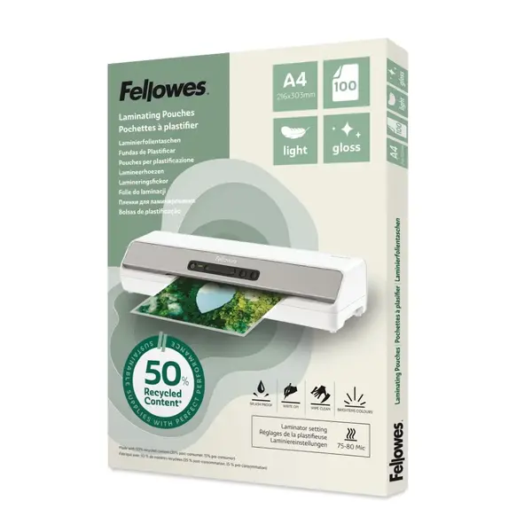 Folie laminat Fellowes A4 80 microni lucioasa 50% reciclata 100 buc/top Folie laminat Fellowes A4 80 microni lucioasa 50% reciclata 100 buc/top