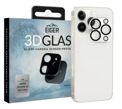 Folie Protectie Sticla Camera 3D Glass Eiger EGSP00779 pentru Apple iPhone 13 Pro Max (Transparent/Negru)