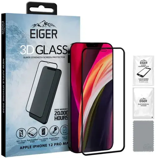 Folie Protectie Sticla Temperata Eiger 3D EGSP00623 pentru Apple iPhone 12 Pro Max (Transparent/Negru)