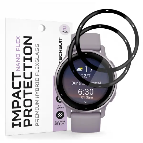 Folie Protectie Techsuit Nano Flex pentru Garmin Vivoactive 5, Set 2 bucati, Plastic, Neagra