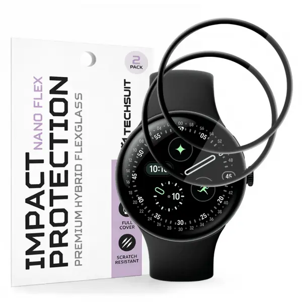 Folie Protectie Techsuit Nano Flex pentru Google Pixel Watch 4 45mm, Set 2 bucati, Plastic, Neagra