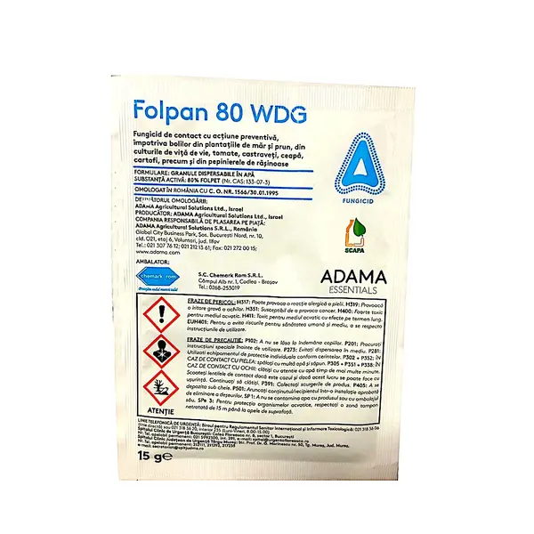 Folpan 80WDG 15 gr fungicid contact Adama (vita de vie, mar, prun, ceapa, cartofi, hamei, tomate rasad) - Default Title