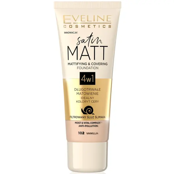 Fond de ten Satin Matt Mattifying & Covering 102 Vanilla, 30ml, Eveline Cosmetics