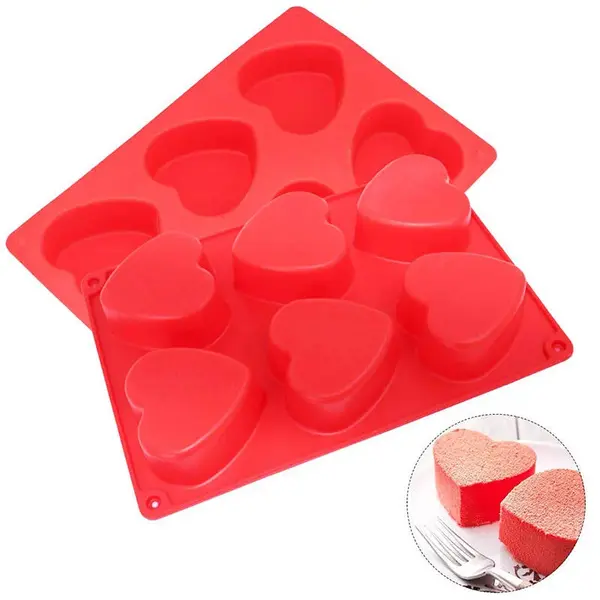 Forma din silicon pentru briose si biscuiti, design inima, 6 alveole,26x18x3.5 cm