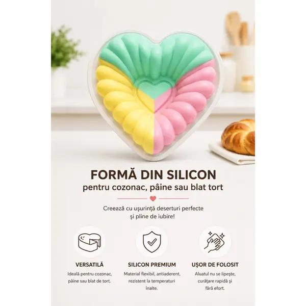 Forma din silicon pentru cozonac, paine si blat tort, BPA Free, model inima, 28x26x7 cm,diverse culori