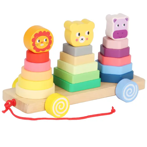 Forme geometrice animale pe roti - Joc de stivuire din lemn ZukiToys.ro