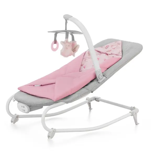 Fotoliu balansoar, Kinderkraft, Felio 2, Cu arcada cu jucarii, Reglare spatar in 3 pozitii, Pernuta moale invelita in tesatura de bambus, Pliabil, 0-6 luni, Peony Rose