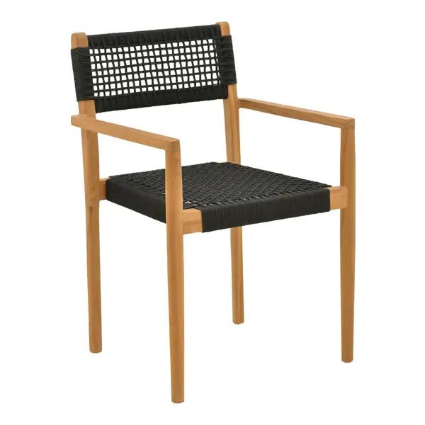 Fotoliu cu structură din lemn de teak, șnur, negru, 54x52x80 cm