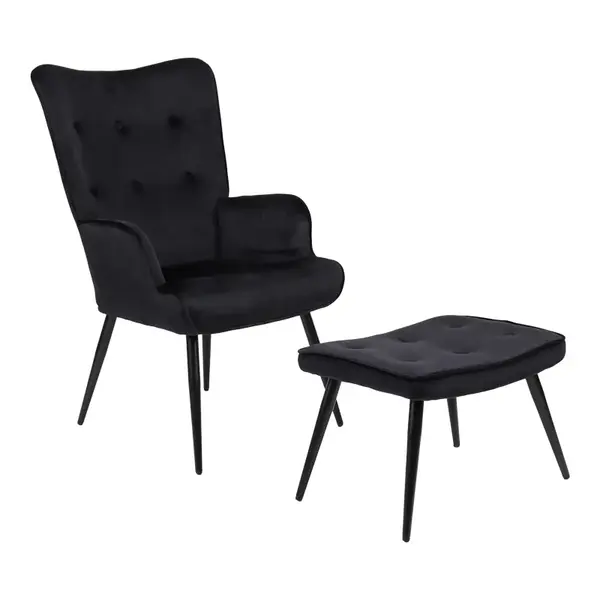 Fotoliu cu taburet Siella, Catifea, metal, Negru, 59x67x94 cm