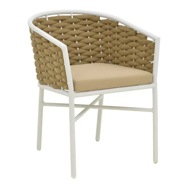 Fotoliu din aluminiu Noevo pakoworld, stivuibil, cu schela alba - franghie PE naturala, 57x62x76cm Fotoliu din aluminiu Noevo, pakoworld, stivuibil cu structură albă - franghie PE naturală, 57x62x76 cm.