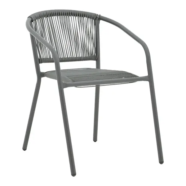 Fotoliu din metal impletit rattan Lindaria pakoworld, stivuibil, culoare gri inchis, 54x63x74cm Scaun din metal împletit tip ratan Lindaria pakoworld, stivuibil, în culoarea gri închis, 54x63x74 cm.