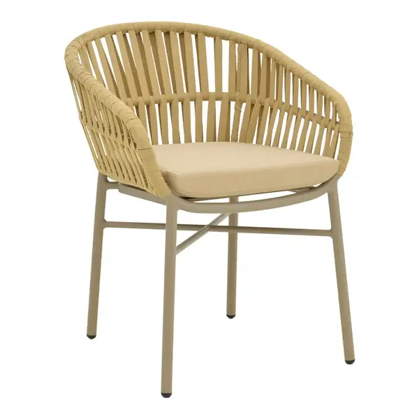 Frama pakoworld stackable aluminum-pe rope armchair in brown shade and cushion 57x60x78cm Fotoliu din aluminiu Frama Pakoworld, stivuibil, cu coarda, pe suport și pernă, nuanță maro, 57x60x78 cm.