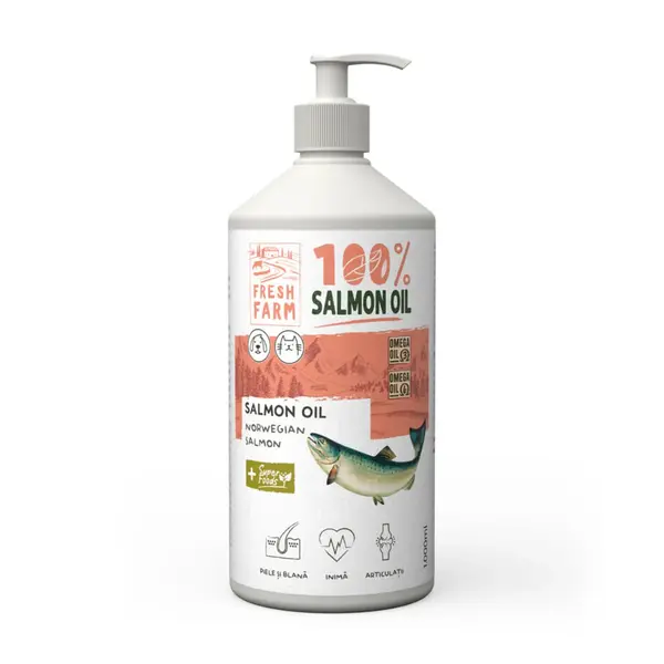 FRESH FARM Ulei de Somon, supliment piele & blană, sistem cardio-vascular câini, ulei FRESH FARM Ulei de Somon, XS-XL, supliment piele & blană, sistem cardio-vascular câini și pisici, flacon, 500ml ulei