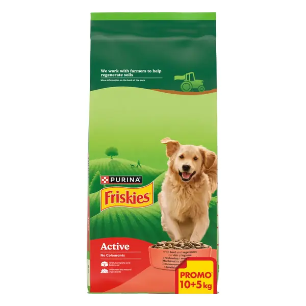 FRISKIES Active, XS-XL, Vită, hrană uscată câini, 10kg+5kg GRATUIT