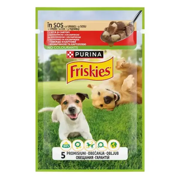 FRISKIES Adult, XS-XL, Vită și Cartofi, plic hrană umedă câini, (în sos), 85g