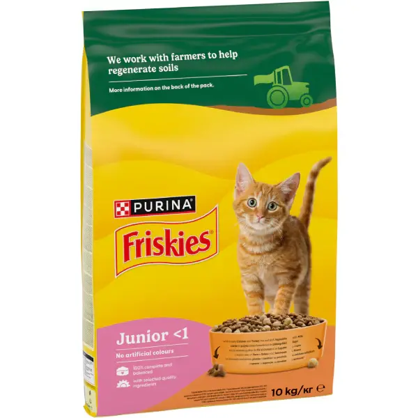 FRISKIES Hrană uscată JUNIOR Complete, cu Pui, Morcov şi bulete cu Lapte