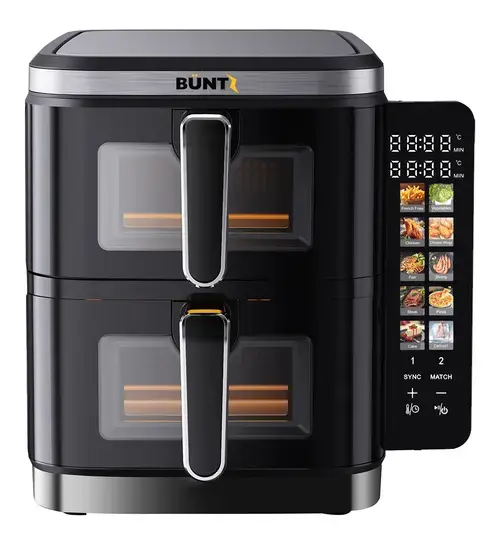 Friteuza cu aer cald Buntz Arete BAF‑10X2, 11L, 2800W, 2 cosuri independente (1400W+1400W), 10 functii gatire, Display tactil si color, Termostat reglabil 60-200˚ C (Negru)