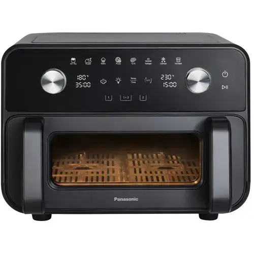 Friteuza cu aer cald Flex Air Panasonic NF-BC1000KXE, 9.6l, 2450 W, 2 zone independente, gatire cu abur, Rezervor pentru abur 200 ml, Fereastra supraveghere (Negru)