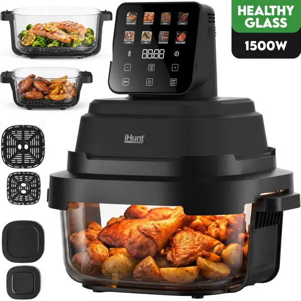 Friteuza cu aer cald iHunt PureGlass Crisp 8 in 1, Gatire Sanatoasa, 1500W, Vase Modulare din Sticla Borosilicata 4L + 1.5L, Capace de Sigilare, Compacta