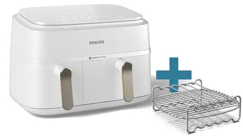 Friteuza cu aer cald Philips Dual Basket NA353/14, 9 L, 2750 W, 8 Programe, Timer, Control Touch, Capacitate 1.5 kg (Alb)