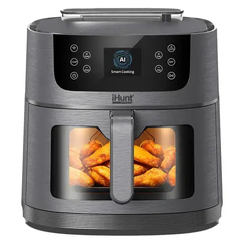 Friteuza cu aer cald si rotisor iHunt Bro Air Fryer AI Steam, 1800 W, 8 l, Wi-Fi, Control prin aplicatie, Oprire automata, 12 programe (Argintiu/Gri)