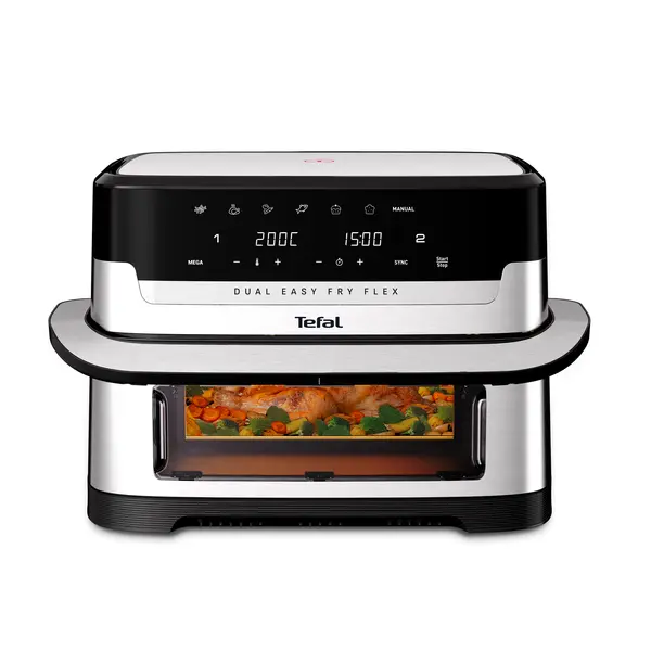 Friteuza cu aer cald Tefal Dual Easy Fry Flex EY922DE0, 2700 W, 9 L, 7 progame automate, divizor FlexCook, fereastra vizualizare, panou digital, oprire automata, negru