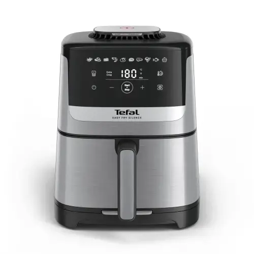 Friteuza cu aer cald Tefal Easy Fry Silence EY552DE0, 1670W, 5L, 10 programe automate, Gatire silentioasa, Tehnologia Extra-Crisp, Cronometru, temperatura ajustabila (Argintiu/ negru)