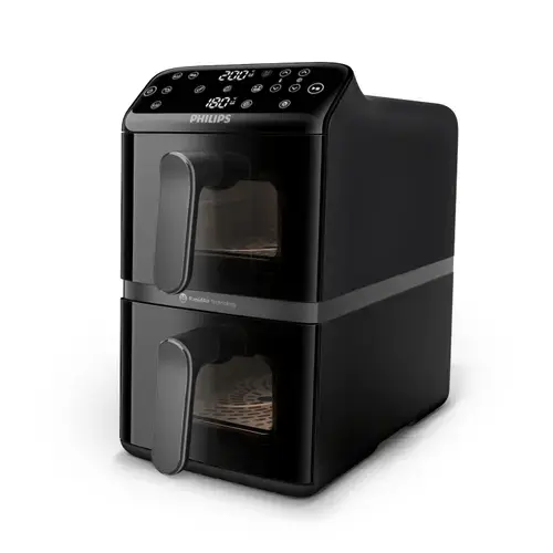 Friteuza cu aer cald verticala Philips Dual Basket Stacked Seria 4000, NA460/00, compact digital, 2 cosuri simetrice suprapuse cu ferestre si strat ceramic fara PFAS, capacitate totala 10L, 2750 W, 13-in-1 functii de gatire, 6 programe presetate (Negru)