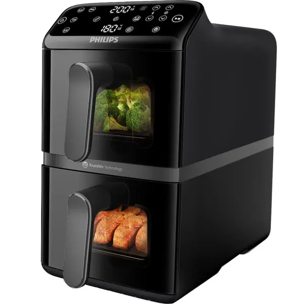 Friteuza cu aer cald verticala Philips Seria 4000 NA460/00, 2750W, 2 cosuri, 10l, 12 metode gatire, 6 programe, Timer, Negru