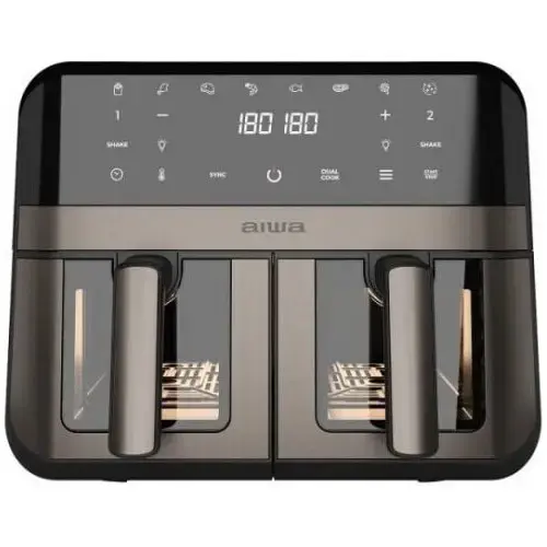Friteuza dubla cu aer cald Aiwa AFR-9000, 2400W, 9 litri, 8 programe, 80°C - 200°C, 60 minute, Defrost si autocuratare (Negru)