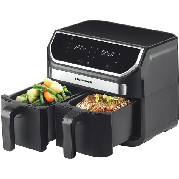 Friteuza dubla cu aer cald Heinner HAF-KDB1700BK, 1700 W, 8.5 L, Termostat reglabil, 11 programe prestabilite, Negru