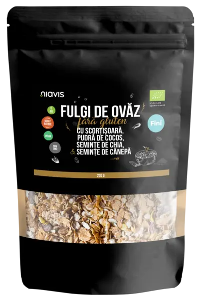 Fulgi de ovaz fini fara gluten cu scortisoara, cocos, chia si seminte de canepa Eco, 200g, Niavis