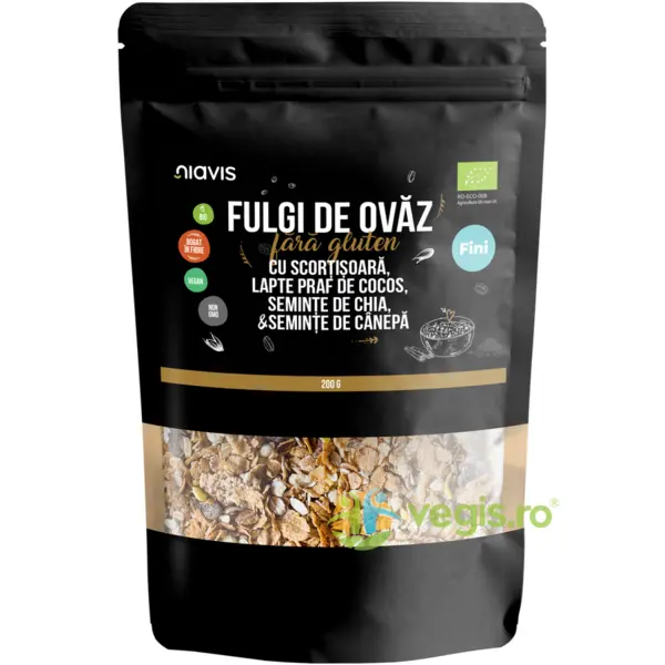 Fulgi de Ovaz Fini fara Gluten cu Scortisoara, Lapte Praf de Cocos, Seminte de Chia si Seminte de Canepa Ecologici/Bio 200g
