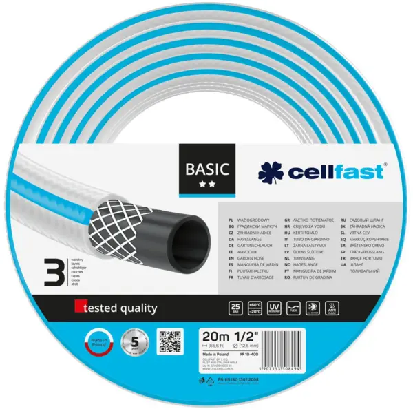 furtun pentru gradina cellfast basic cu 3 straturi, 1 2 , armat, 20m, protectie uv