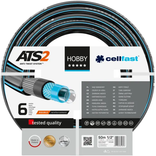 furtun pentru gradina cellfast hobby cu 6 straturi, 1 2 , armat, 50m, protectie uv, antirasucire