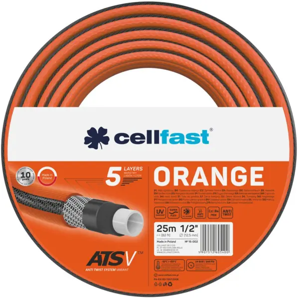furtun pentru gradina cellfast orange cu 5 straturi, 1 2 , armat, 25m, protectie uv, antirasucire
