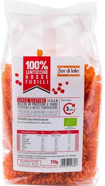 Fusilli bio din linte roșie, 250 g, Fior di Loto