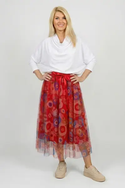 Fusta clos din tulle, rosie cu flori stilizate multicolore
