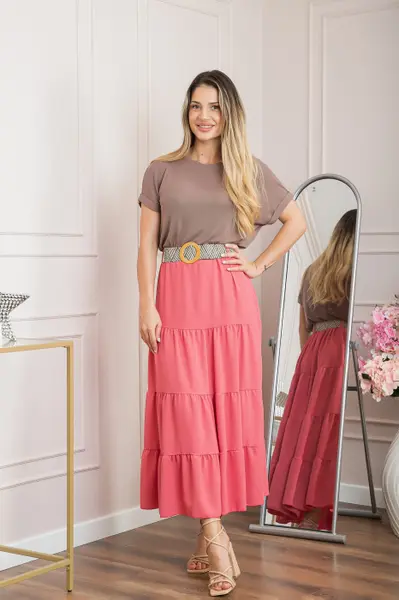 Fusta corai boho chic cu volane si curea in talie